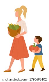 Mom And Child Carrying Basket Filled With Cucumbers Bought At Farm Market. Little Boy With Pumpkin In Hands. Shopping Family, Mother And Son Eating Healthy Food, Dieting Nutrition Vector In Flat