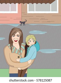 Mom, Child and a Cat in Rainy day