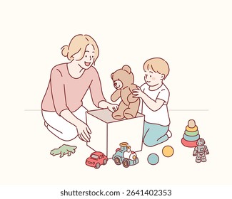 Mom and Child Clean Up Toys. Hand drawn style vector design illustrations.