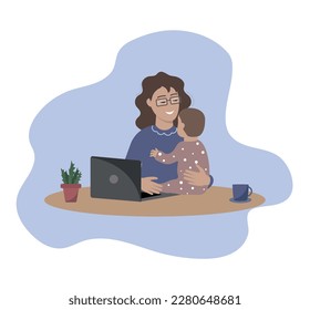 Mom with a child at the computer.Freelance.Motherhood. Days of a working mom. Vector illustration