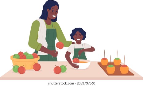 Mom With Child Cook Semi Flat Color Vector Characters. Posing Figures. Full Body People On White. Making Caramel Apples Isolated Modern Cartoon Style Illustration For Graphic Design And Animation