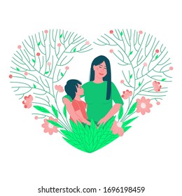 Mom with a child in a delicate beautiful floral frame. International Mother's Day. Happy family. Happy mom and baby look at each other. Flat vector illustration.