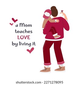 Mom and child embrace feeling love each other. Motherhood and maternity concept. Mommy showing butterfly to son. Happy mother's day greeting card design. Holiday hand drawn flat vector illustration