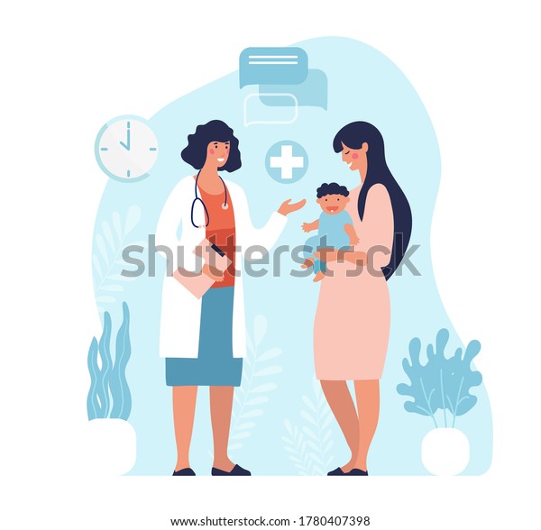 Mom and child are\
examined by a pediatrician, neonatologist. Medical appointment in\
the specialist s office. Clipart for design. Flat vector\
illustration isolated on\
white