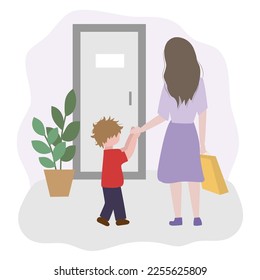 Mom with a child in front of the cabinet doors. Reception at school, hospital, kindergarten.