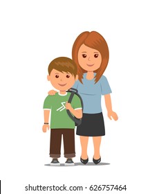 Mom and child. Happy family. Schoolboy and his mother isolated on white background. Element of infographics education and training of child. Cartoon vector illustration in flat style.