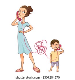 Mom and child have a decoding and understanding problem. They angry at each other. Cartoon vector illustration. 