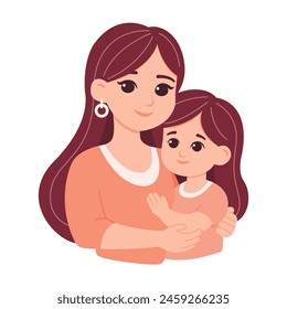 Mom with child in her hands with flowers isolated on white background. Cute flat style vector illustration. For web pages, postcards, greeting cards, posters