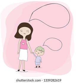 mom and child holding hands with smile and loveful 
