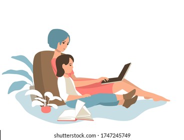 Mom with a child look at the laptop screen. Work, training and entertainment at home. Eps 10  vector illustration.
