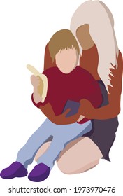 mom and child are looking at the smartphone screen. the child eats a banana