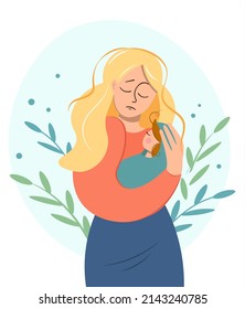 Mom and child. Mothers Day. Tender mother and son or daughter. Motherhood, Love, care. Greeting card, banner, poster for breastfeeding day. Vector illustration in a flat style with decorative leaves.