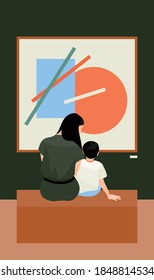 Mom with a child in museums. Look at the picture. Avangar, suprimatism. Time together. Culture. Exhibition visitors viewing abstract painting at contemporary art gallery. Colorful vector illustration.