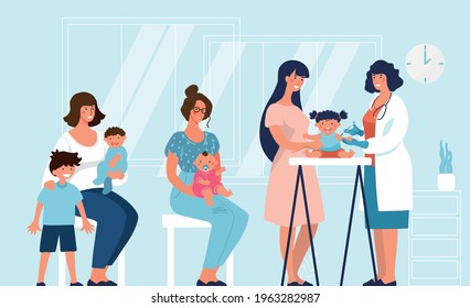 Mom and child at a pediatrician at the clinic. Vaccination of children and babies, health care, protection against infections. Vector illustration.