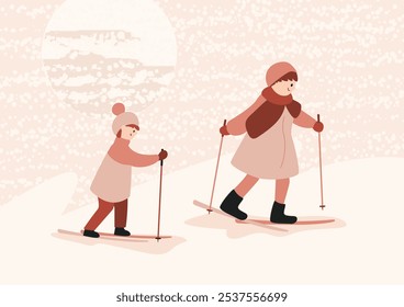 Mom and child, people skiing in a snowy environment. Woman with boy skiing on snow field. Wintertime activity, joint leisure in nature. Vector illustration of family winter vacation, ski trip.