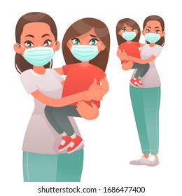 Mom with a child in a protective medical mask. Mother and daughter are protected from the virus or air pollution. Coronavirus. Vector illustration in cartoon style