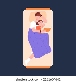 Mom And Child Reading In Bed. Mother Read Kid Fairy Story Bedtime, Night Book Storytelling, Love Parent Care Baby Home Evening Mum With Children Family Routine, Vector Illustration. Mother And Kid