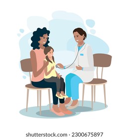 Mom with a child at the reception in the doctor's office. A friendly doctor examines a child. Pediatrics. Vector illustration in a flat style on a white background.