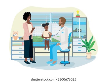 Mamá con un niño en la recepción en el consultorio del doctor. Un médico afectivo examina a un niño. Pediatría. Ilustración vectorial en un estilo plano sobre un fondo blanco.