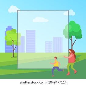 Mom and child skating, city and filling form, trees and mom with child, cityscape and skyscrapers, sky and clouds, isolated on vector illustration