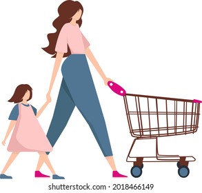 Mom And Child In The Store. They Make Purchases, Go With A Large Empty Cart. Vector Illustration On A White Background.