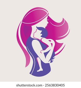 mom and child vector illustration, stylized logo or emblem template