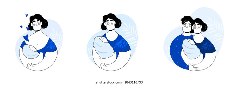 Mamá y niño. Lactancia materna. Establecer el concepto de familia. Ataques con un bebé. Esposo y esposa. Caricatura plana. Ilustración de material vectorial.