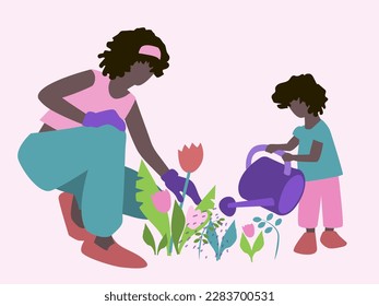 Mom and child working in the garden. Flowers, leaves. Water. A kid with a watering can. Black skin, dark hair. African. Pink, Brown, Lilac, Green, For the design of banners, postcards, magazines