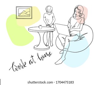 Mom with a child works at home because of quarantine. Girl sitting in a chair with a laptop. Freelancer works from home. Lock down. Remote work. Everyone should stay home