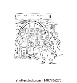 Mom with children at the bookstore look in the window and choose books. People in vintage style from the nineteenth century. 