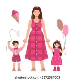 Mom with children having outdoor activities. Family concept for Happy Mother's Day. Woman on maternity leave with twins. Kids holding balloons and kite. Character hand drawn flat vector illustration