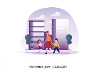 Mom and children with mask walking on street. Vector Illustration concept. svg