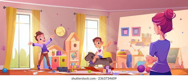 Mom and children in messy kid room cartoon vector. Child play toy indoor. Home playroom interior for hyperactive preschool or kindergarden baby illustration. Mess trouble and mother in untidy nursery