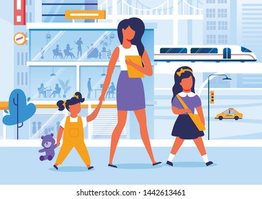 Mom with Children on Walk Flat Vector Illustration. Young Woman, Babysitter, Schoolgirl and Preschooler Cartoon Characters. Mother Spend Time with Little Daughters. Happy Family on City Stroll