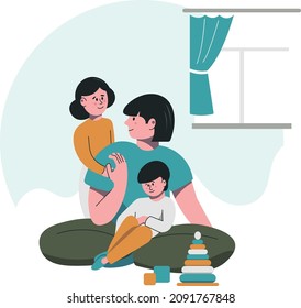 Mom and children play at home. Young woman spends leisure time with children. Parenting. Vector scene of family at home.