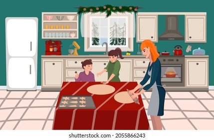 
Mom and children are preparing Christmas cookies in the kitchen. The turkey is baked in the oven. Kitchen interior in flat style. Vector illustration