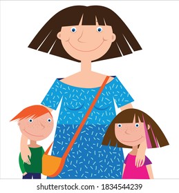 Mom with children standing on either side of her on a white background