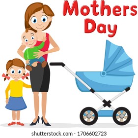 Mom with children and a stroller on a white. Mothers Day