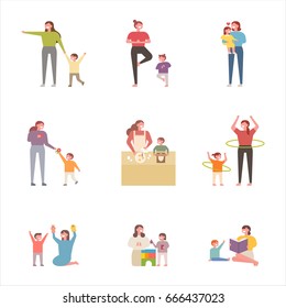 Mom and children various plays character vector illustration flat design