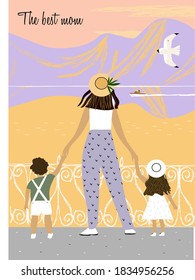 
Mom with children. Vector cute illustration with mom and children on a walk for print, design, magazine, postcard, background, poster.