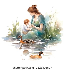 Mom And Children Watercolor Sublimation Clipart