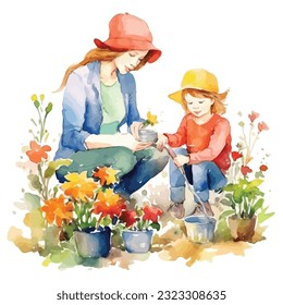 Mom And Children Watercolor Sublimation Clipart