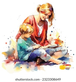 Mom And Children Watercolor Sublimation Clipart