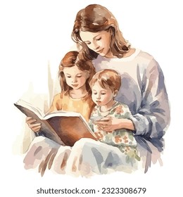 Mom And Children Watercolor Sublimation Clipart