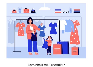 Mom choosing clothes for girl in fashion store, taking dress from rack and giving to kid. Vector illustration for clothes shop for kids, school uniform, sale concept