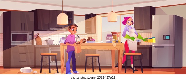 Mamá limpia la cocina de la casa. Los niños comen Vector de donas. Carácter de la madre lavar casa cerca del hijo con dona de chocolate. Feliz limpieza de la casa y escena de la tarea. Responsabilidad doméstica en la ilustración de diseño de interiores