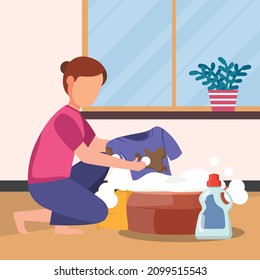 Mom is cleaning dirty clothes. Vector colorful illustration. Washing.