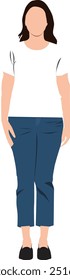 mom clipart. Vector illustration of beautiful mom wearing t shirt and denim jeans isolated on white background.	