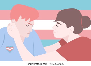 Mom comforts and accepts her transgender child. Teen does coming out as a non-binary transgender person. The parent supports the decision to change gender. A tolerant family. Flat vector illustration