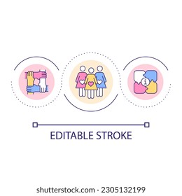 Icono de concepto de bucle comunitario de mamá. Ilustración de línea delgada de idea abstracta del grupo de apoyo de la futura madre. Curso de paternidad. Clases de parto. Dibujo de contorno aislado. Trazo editable. Tipo de letra arial utilizado